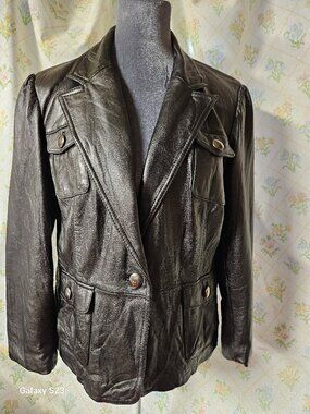Massimo Leather Blazer Women's Lg Black Safari Utility Jacket Original Vintage